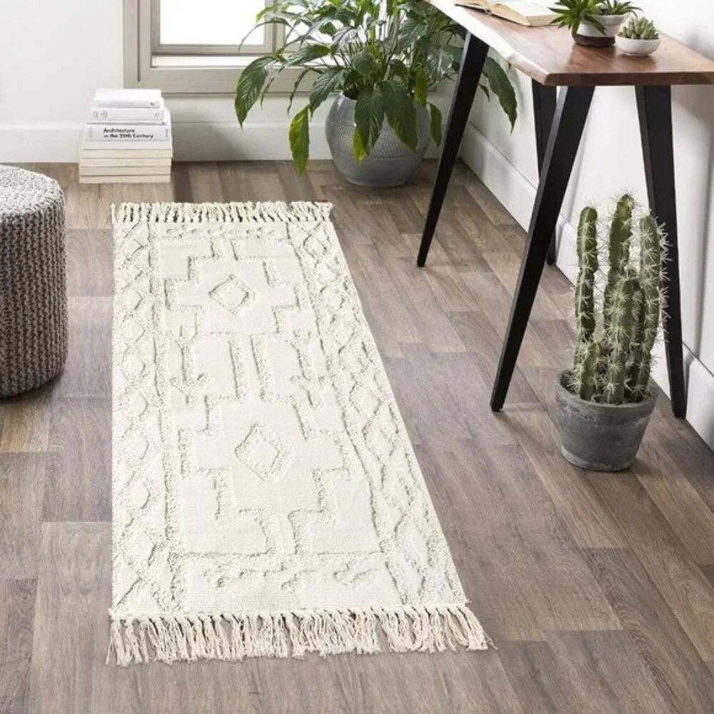 New 2x4.3 Runner Area Rug, Washable Beige Tufted Cotton Rug for Home & Entry